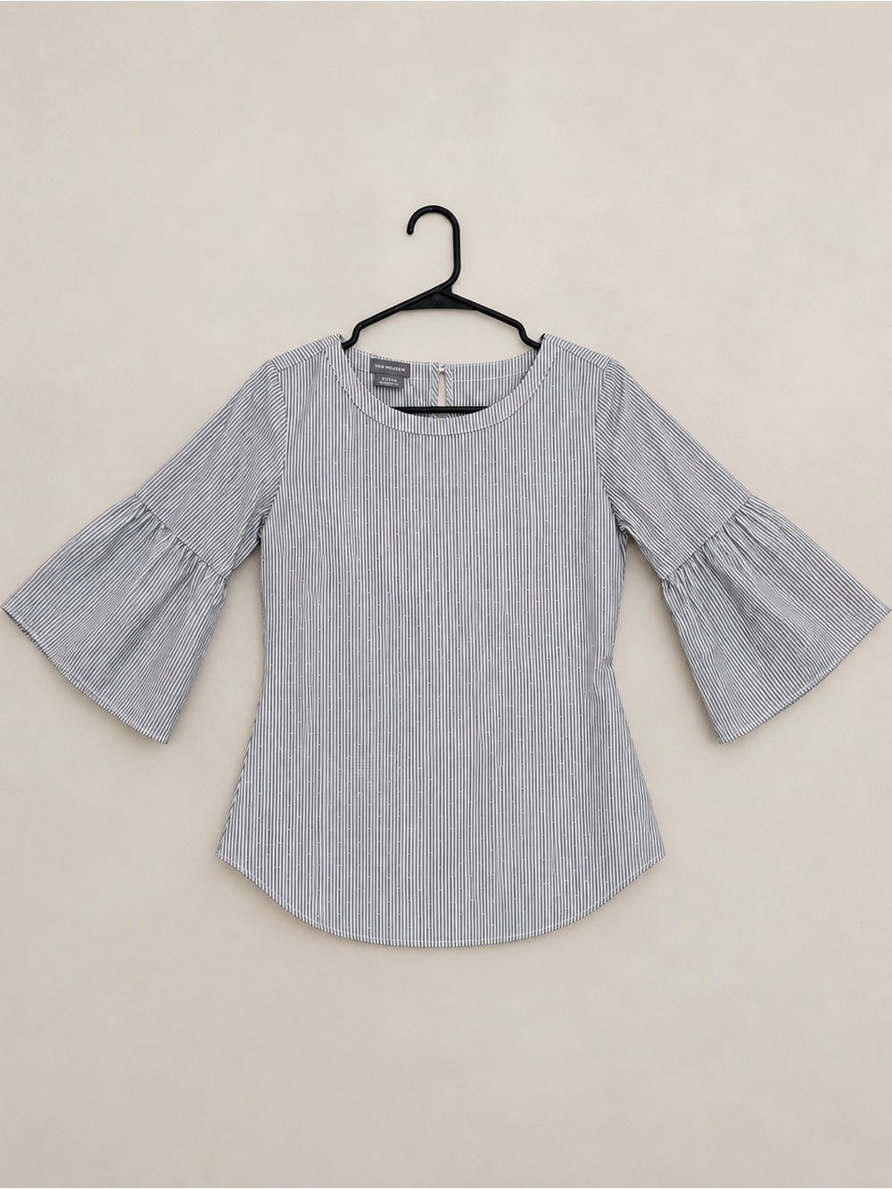 Van Heusen Blue White Pinstripe Cotton Bell Sleeve Blouse XS Petite